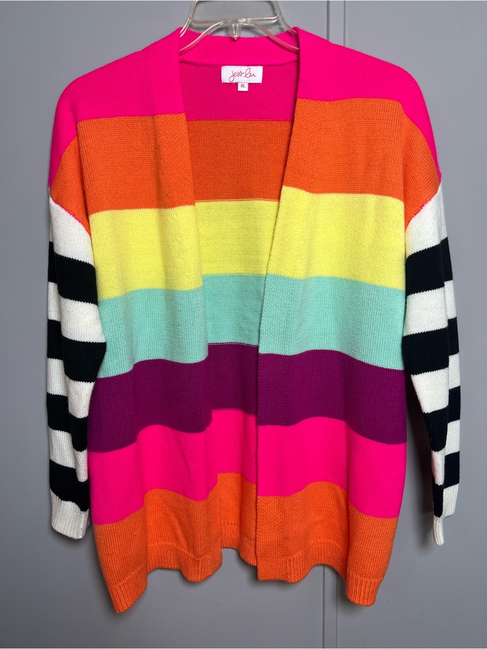 Jess Lea XL Colorblock Open Front Cardigan Rainbow Striped Oversized Sweater